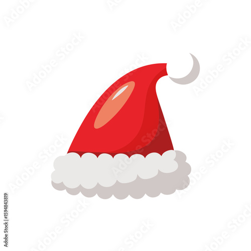Vector illustration of red Santa hat with white fluffy trim and pom-pom. Christmas designs, festive clipart, seasonal packaging.