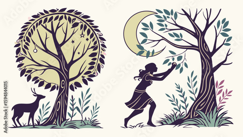 Beautiful stylized nature illustrations featuring a majestic tree with a deer and a woman reaching for moonlit branches, evoking fantasy and folklore.