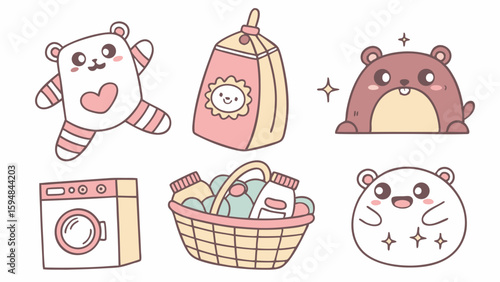 Cute Kawaii Vector Illustration Collection with Adorable Bears, Hamster, Laundry Items, and Household Objects in Pastel Colors.