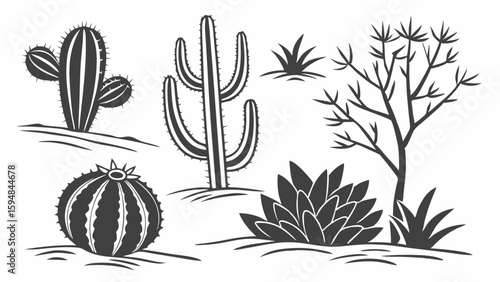 Detailed black and white vector illustration set of diverse desert plants featuring saguaro, barrel cacti, agave, and arid shrubs. Ideal for arid botanical designs.