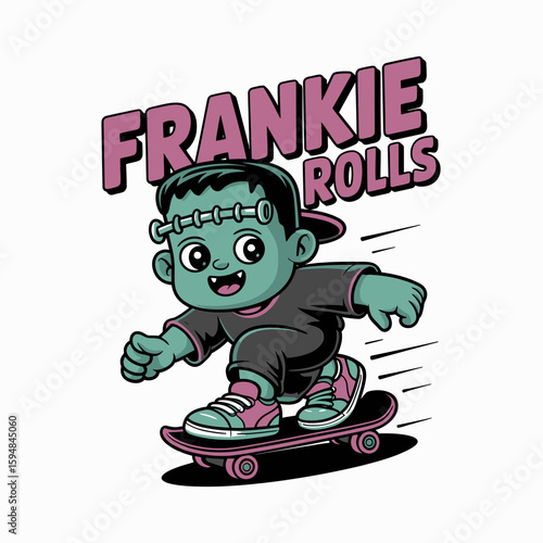 Skateboarding frankenstein with bold smile, frankie rolls graphic, spooky kid character doing tricks, fun vector design  