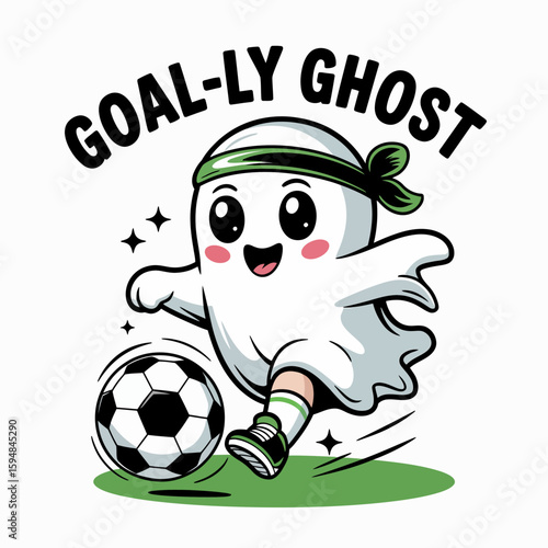 Adorable ghost playing soccer, goal-ly ghost pun, Halloween sports crossover, cute football ghost character vector  