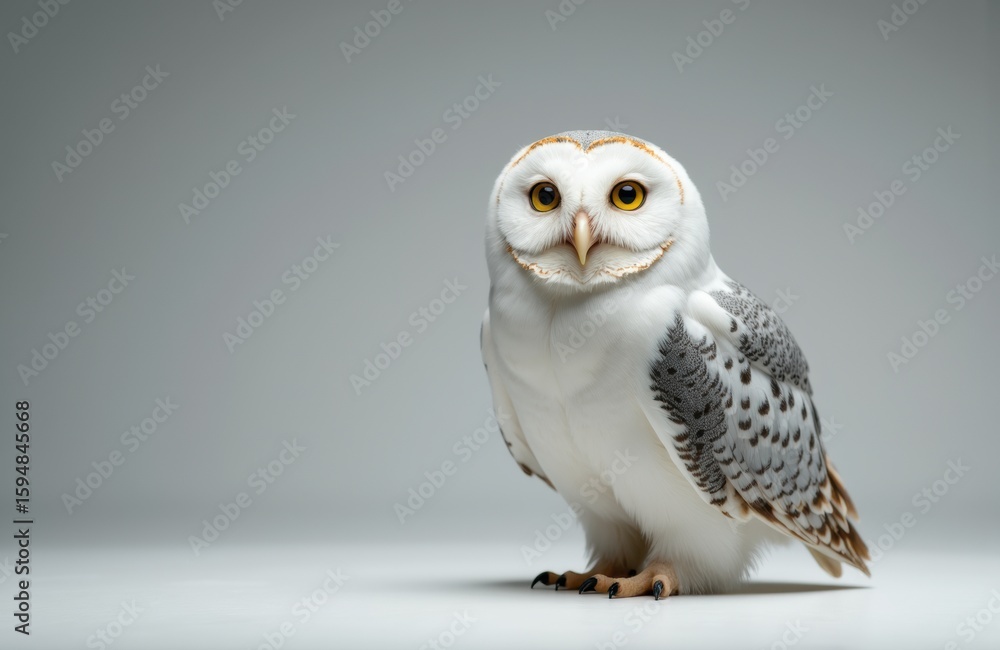 Obraz premium A snowy owl standing on a plain surface with a neutral gray background