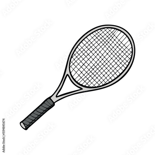 A tennis racket with a gray handle and frame, and a white stringed net, isolated on a white background.