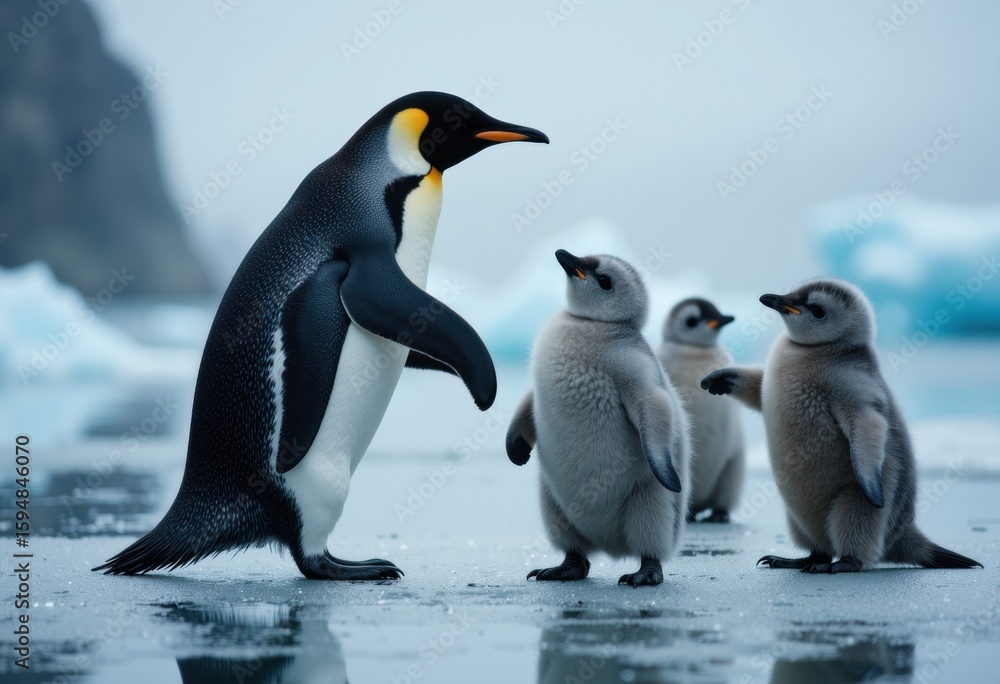 Fototapeta premium Adult penguin interacts with a group of adorable penguin chicks on icy terrain