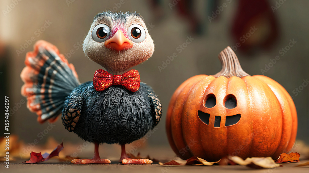 Fototapeta premium Cheerful 3D cartoon turkey with a holiday bow tie, standing next to a decorated pumpkin