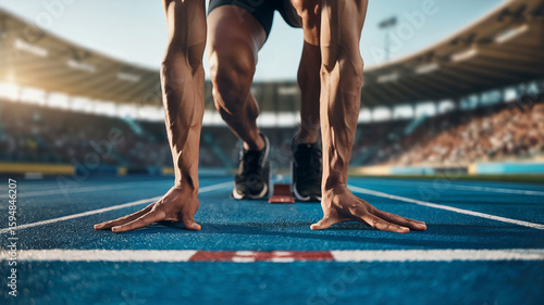 Fototapeta Naklejka Na Ścianę i Meble -  AI-generated illustration of a male sprinter in starting position on a blue running track. Close-up of hands and legs, stadium background, tension before the race. Concept of power, speed, and focus.