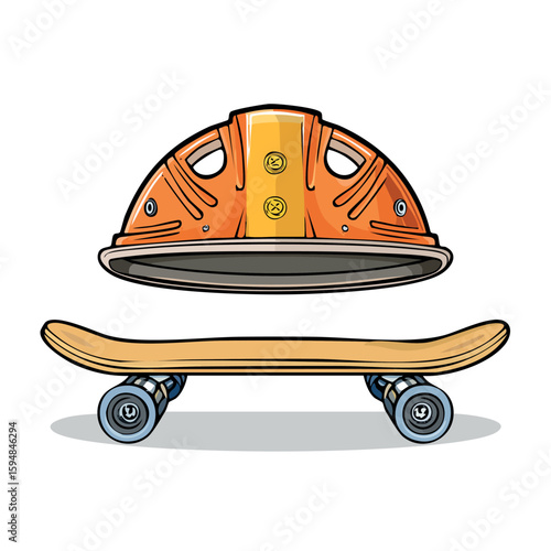 Orange helmet hovering above a skateboard, showcasing safety and recreational equipment.