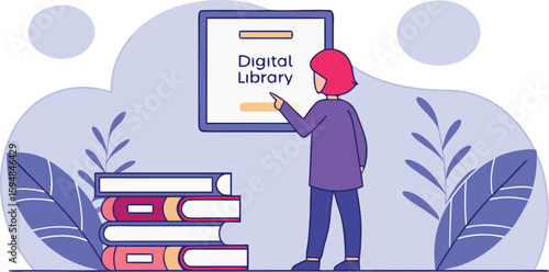 Flat Vector Illustration of a Person Browsing a Digital Library Online
