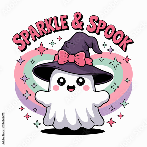 Pink spell ghost with polka hat and hearts, sparkle and spook look, dreamy floating spirit with magic charm vector character  