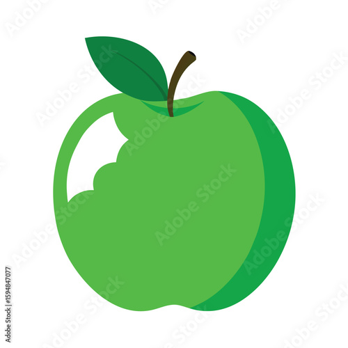 Vibrant green apple illustration with a distinct bite mark and visible seed core