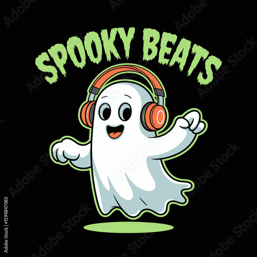 Charming ghost enjoying music under red headphones, spooky beats message and raised hand, night party haunt style  