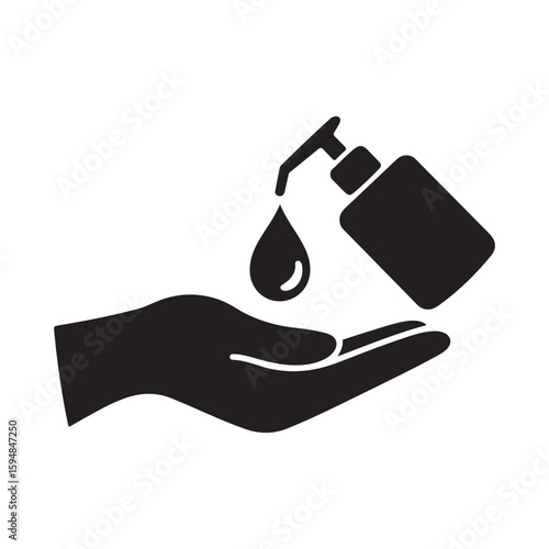 A black silhouette icon shows liquid hand sanitizer being dispensed from a pump
