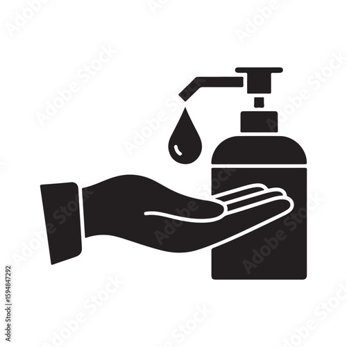 A black silhouette of a hand receiving liquid from a pump sanitizer dispenser