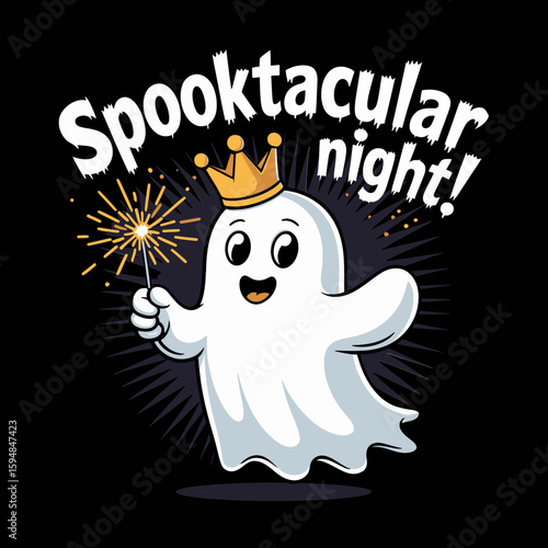 Giggling crowned ghost in spotlight, spooktacular night message in white script, Halloween celebration for cute royalty vibe  