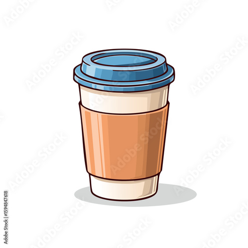 A cartoon drawing of a disposable coffee cup with a lid and sleeve.