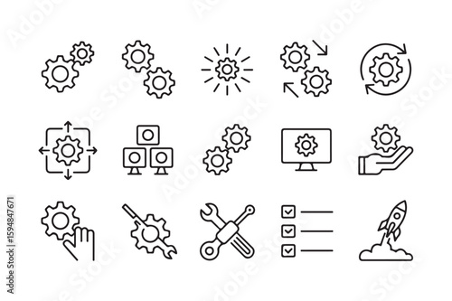 Collection of icons representing gears and mechanical processes