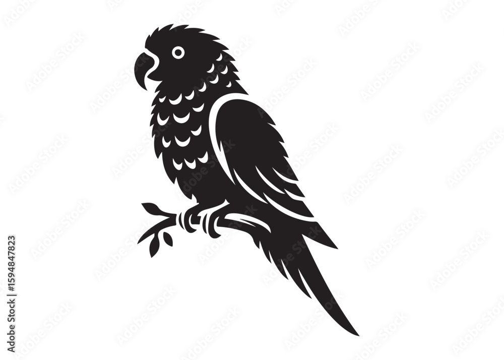 Obraz premium parrot logo silhouette vector, tropical bird logo silhouette, a silhouette of a parrot on a branch clipart design, beautiful parrot bird logo silhouettes vector on a white background