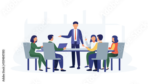 Illustration of a business meeting with a presenter and several participants around a table in an office