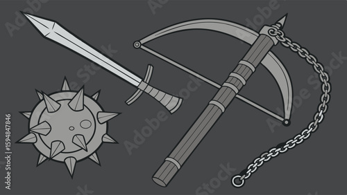 Collection of grayscale vector medieval fantasy weapons illustration featuring a spiked mace short sword crossbow and flail on a dark background