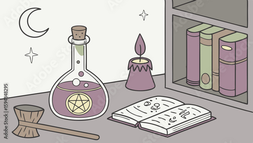 Pastel Witchcraft Desk Scene with Pentagram Potion, Open Grimoire, Lit Candle, and Crescent Moon. Whimsical Fantasy Occult Magic Illustration.