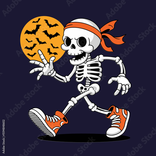 Fast-moving skeleton with bandana and bats, glowing moon behind, Halloween runner illustration with playful night vibe  