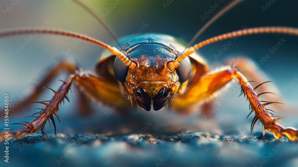 Fototapeta premium Close-up of a cockroach, showcasing its antennae, legs, and eyes.