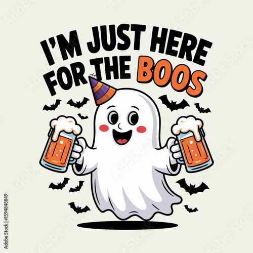 Glow-eyed ghost with mugs and orange-accented text, I'm just here for the boos punchline, boozy Halloween celebration cartoon  