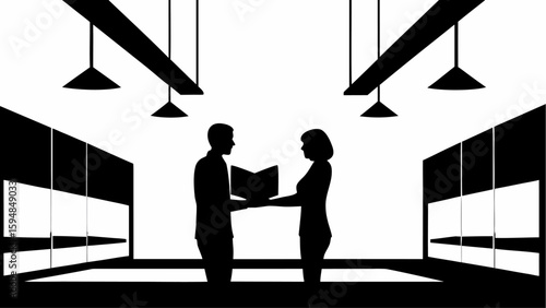 Silhouette of man and woman exchanging a book in a room with shelves and overhead lighting fixtures