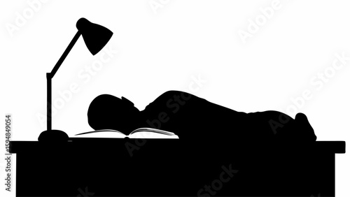 Silhouette of a person sleeping on a desk with an open book and a lamp in a monochrome illustration