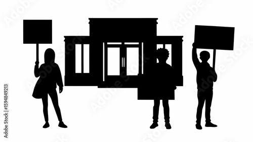 Silhouette of people protesting in front of a building holding signs in a black and white illustration