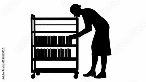 Silhouette of a person reaching for books on a rolling cart in a library or bookstore setting seen sideways