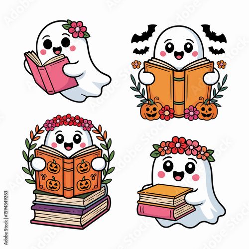 Two sweet ghosts with floral crowns holding books, surrounded by bats, pumpkins, and stacked colorful spellbooks Halloween design  