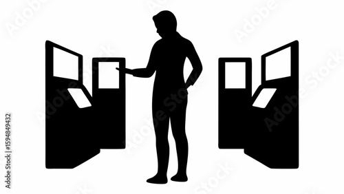 Silhouette of a person interacting with a touch screen kiosk surrounded by other kiosks in black and white
