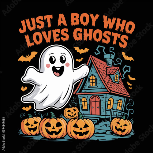 Cartoon ghost under crescent moon with hairbow and blush, waving happily into the night, soft Halloween doodle on black  