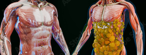 Anatomy Muscles tissues growth, Weight loss Comparison, body building or weightlifting training, Athlete body, bodybuilding fitness supplements, weight loss process, Fat belly burn, 3d render