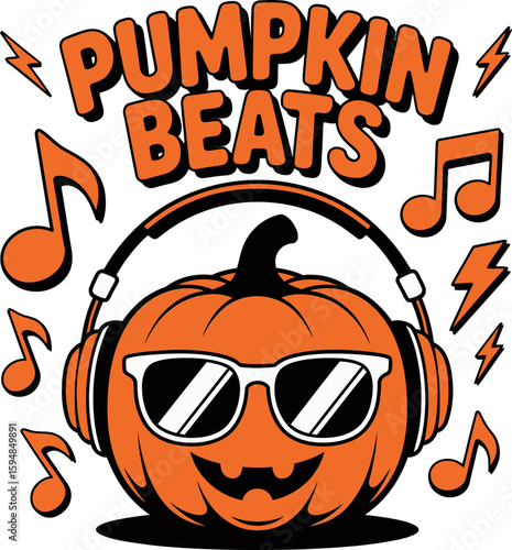 Cool pumpkin DJ with lightning and notes, pumpkin beats artwork, Halloween vibe, spooky disc jockey vector cartoon  