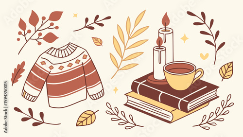 Cozy Autumn Fall Flat Lay Illustration Warm Sweater Books Candles Tea Mug Hand Drawn Seasonal Comfort Hygge Aesthetic Relaxing Vibes