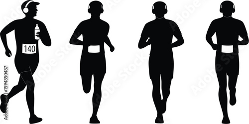Silhouettes of Male Runners in Various Running Poses on White Background