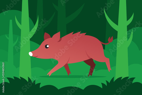 Boar Running Through Dense Green Forest Vector