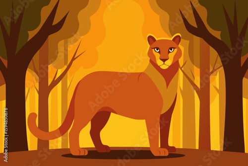 Cougar Standing Alert in Golden Lit Woods Background