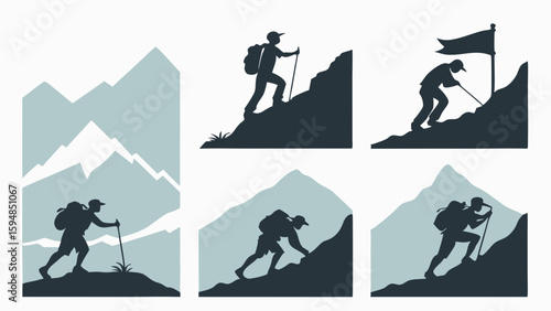 Flat design silhouette vector icons of hikers trekking and climbing mountains, representing outdoor adventure, challenge, and journey to success.