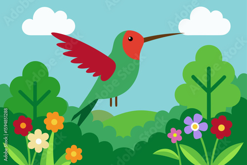 Hummingbird Near Wildflowers in Forest Glade Background