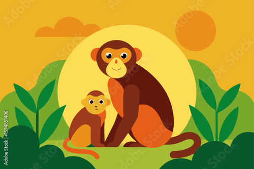 Monkey with Baby Sitting in Jungle Sunlight Background