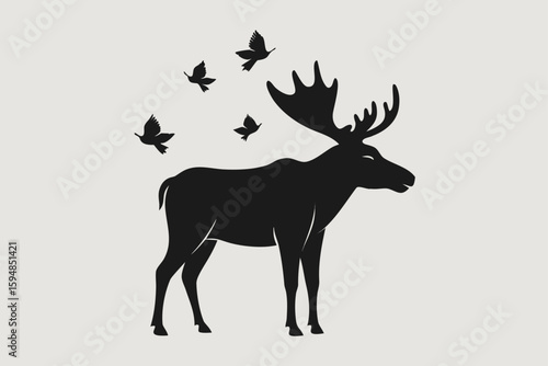 Moose Standing Still as Birds Fly Overhead