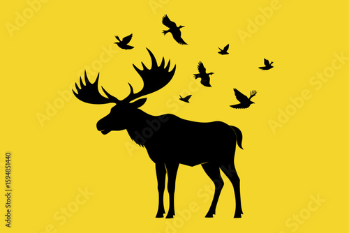 Moose Standing Still as Birds Fly Overhead Illustration