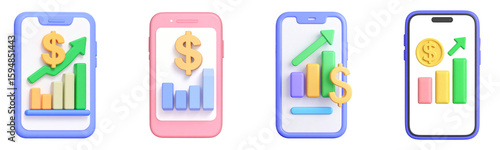 3D illustration of smartphone with dollar sign, bar chart, and upward arrow, representing financial growth, investment, and online business success, in vibrant colors