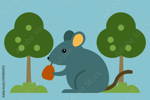 Mouse Nibbling on Acorn Beneath Trees Background