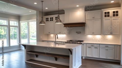Wallpaper Mural Open kitchen space with pure white panels, soft marble surfaces, oak island with cutout shelf and brushed nickel lighting above. Torontodigital.ca