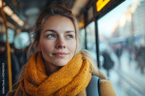 Mid-adult woman commuter standing on a bus, traveling in public transport,  sustainable commuting practices in an urban setting, Generative AI